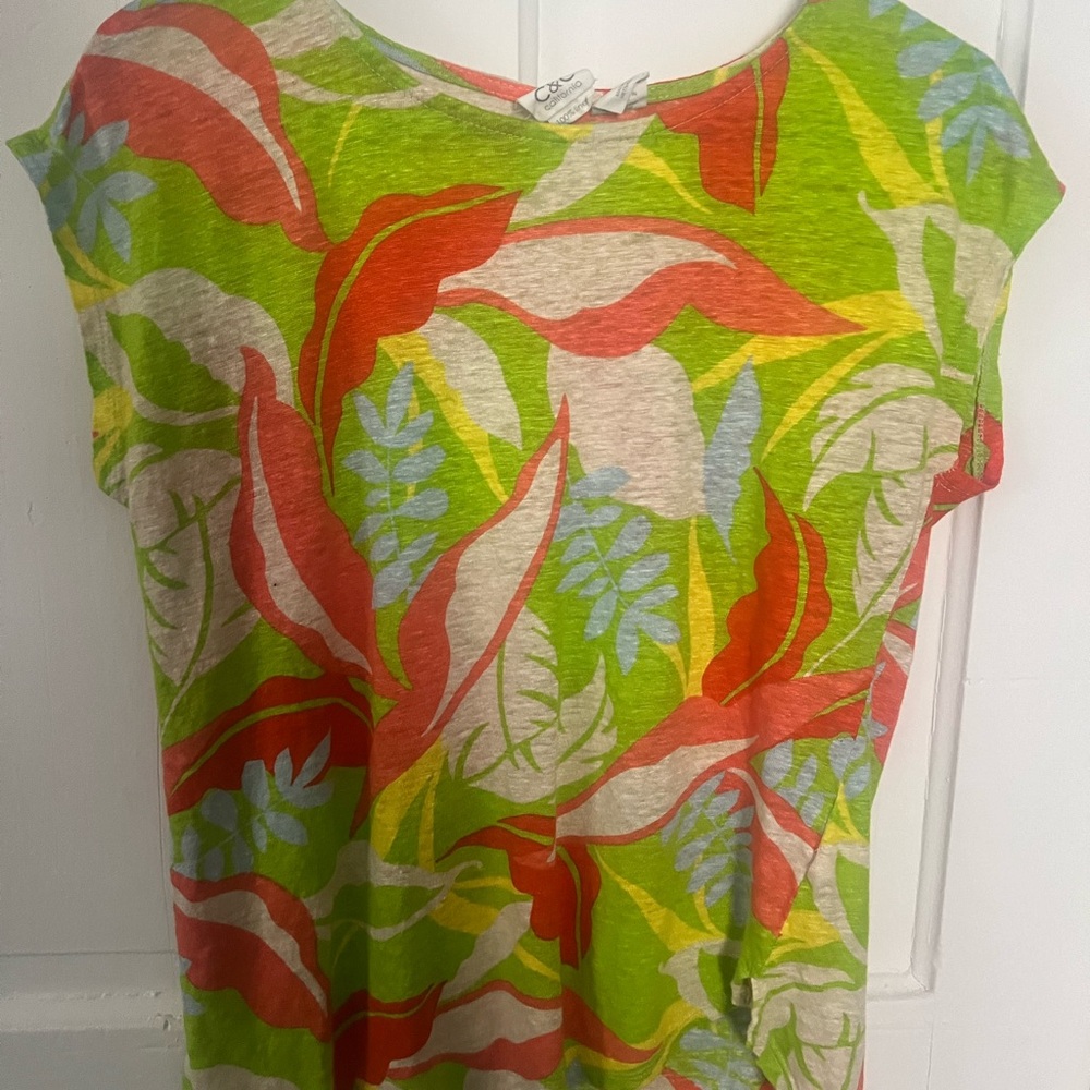 100% Linen - Colorful Leaf Print Women's Top